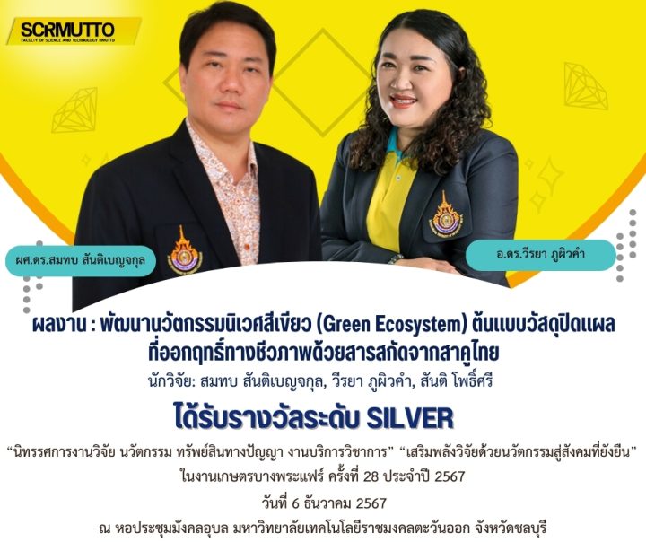 ผลงาน : พัฒนานวัตกรรมนิเวศสีเขียว (Green Ecosystem) ต้นแบบวัสดุปิดแผล
ที่ออกฤทธิ์ทางชีวภาพด้วยสารสกัดจากสาคูไทย
นักวิจัย: สมทบ สันติเบญจกุล, วีรยา ภูผิวคำ, สันติ โพธิ์ศรี
ได้รับรางวัลระดับ SILVER
